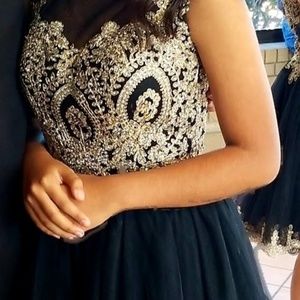 RUFFLED ILLUSION GILT A-LINE DRESS